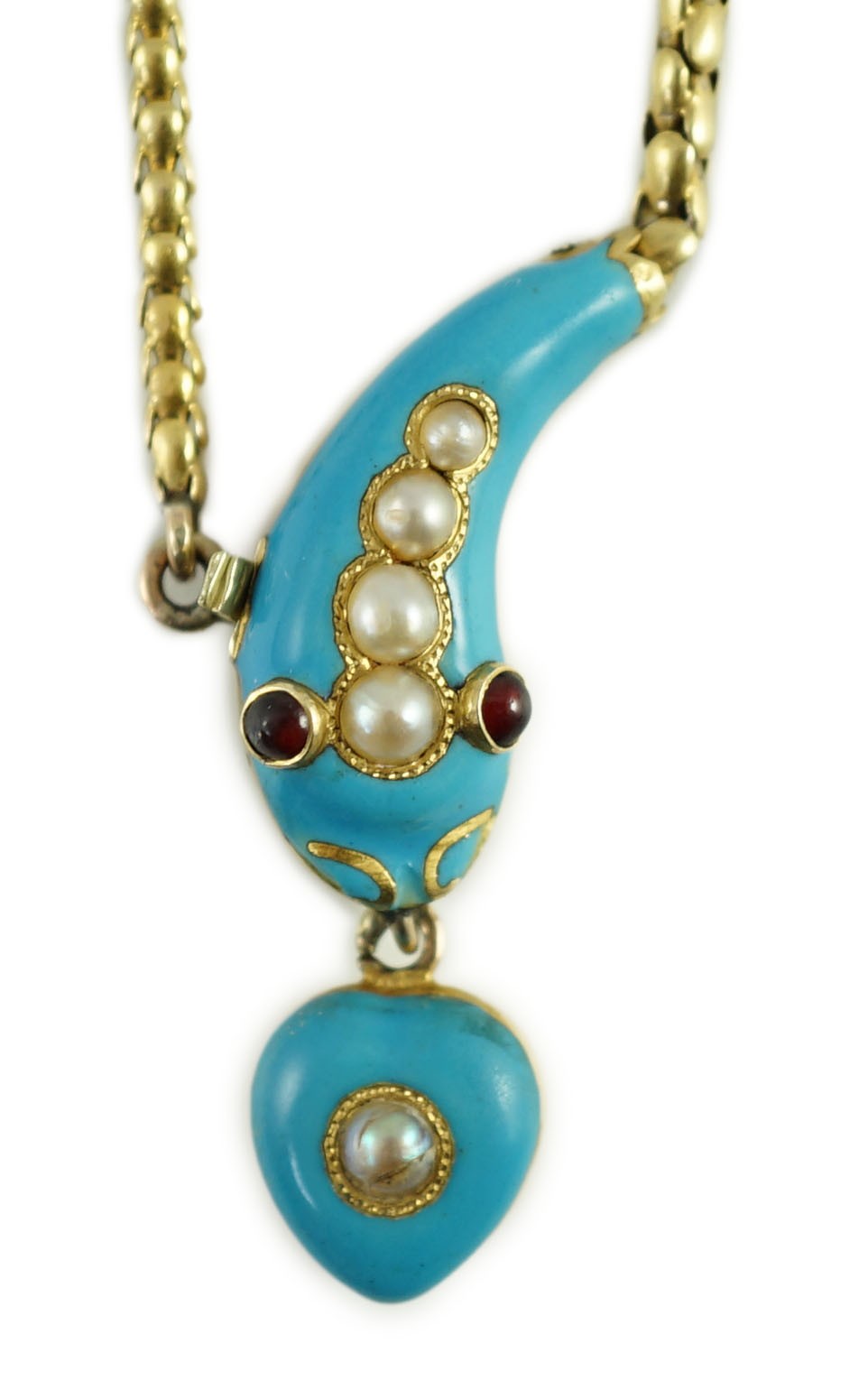 A late Victorian gold, enamel and split pearl set serpent drop mourning necklace